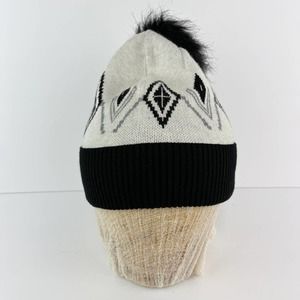 Tahari Women's Knit Ski Cap Geometric Design Fluffy Tassel